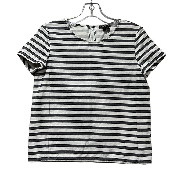 Theory 0 Gray & White Stripe 💯 Cotton Zip Back Short Sleeve Top Y - Picture 1 of 4